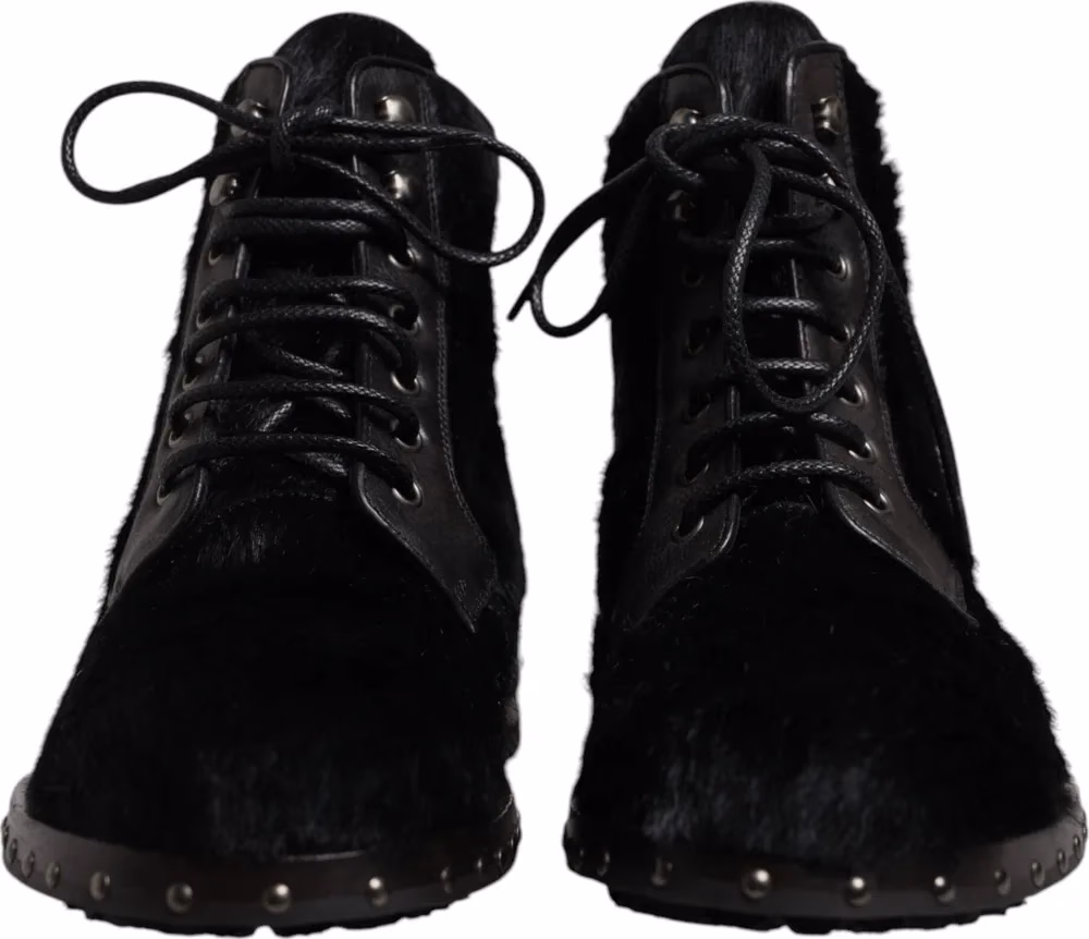 Black Pony Style Leather Mid Calf Boots Shoes