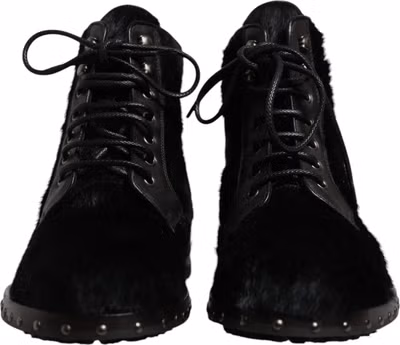 Black Pony Style Leather Mid Calf Boots Shoes