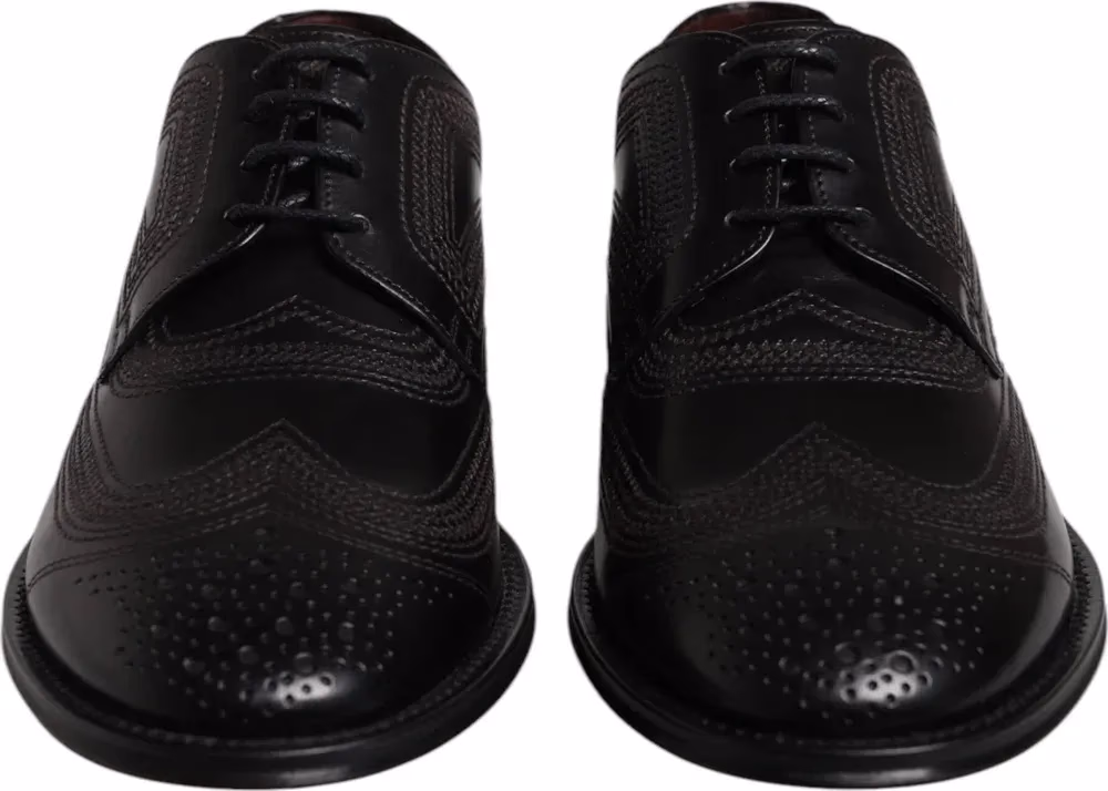 Black Embroidered Classic Leather Derby Dress Shoes