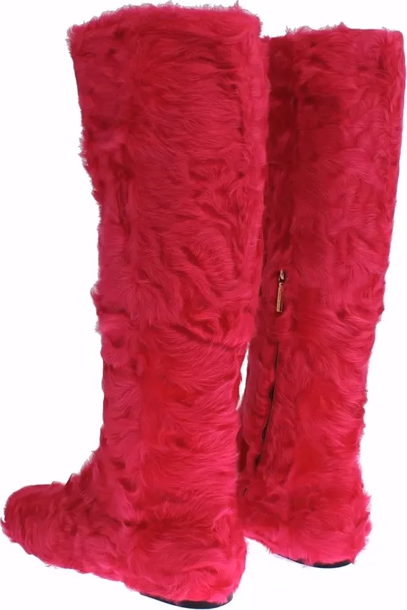Pink Lamb Fur Leather Flat Boots Shoes