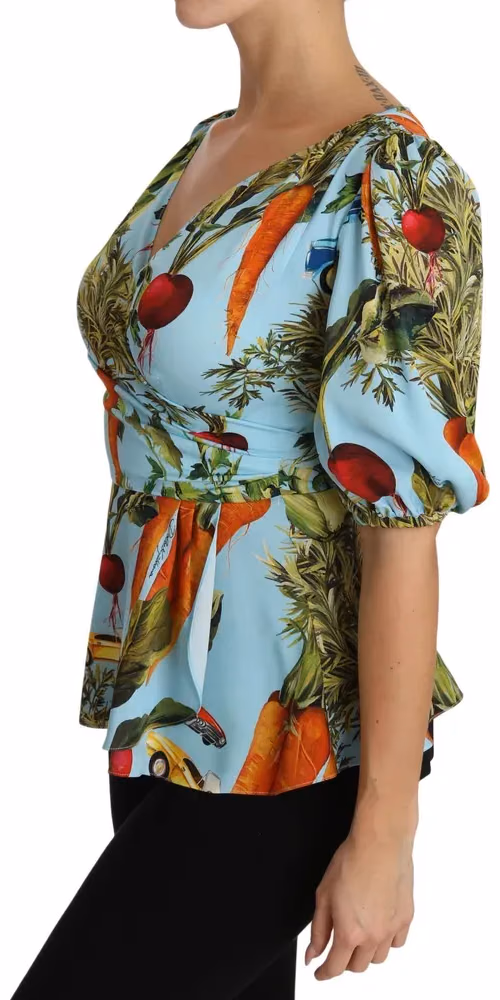 Multicolor Vegetable Print Silk Top Peplum Wrap Blouse