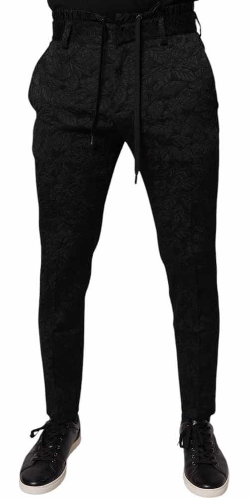 Black Brocade Polyester Skinny Dress Pants