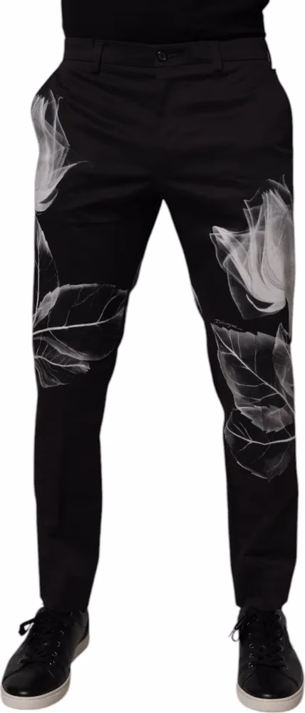 Black Cotton Floral Skinny Dress Pants