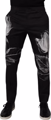 Black Cotton Floral Skinny Dress Pants