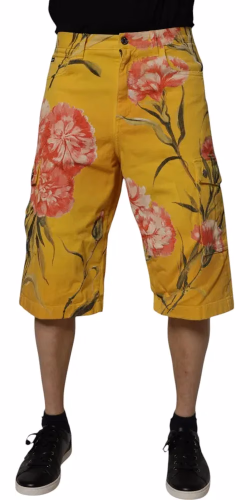 Yellow Floral Cargo Denim Men Bermuda Shorts