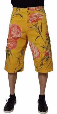 Yellow Floral Cargo Denim Men Bermuda Shorts