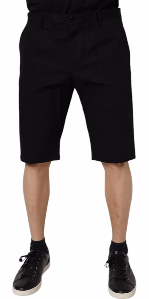 Black Cotton Stretch Mid Waist Bermuda Shorts