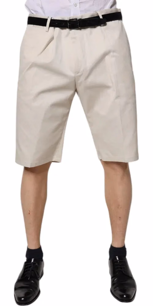 Beige Cotton Stretch Mid Waist Bermuda Shorts