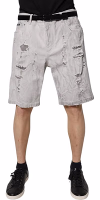 Light Gray Tattered Men Denim Bermuda Shorts