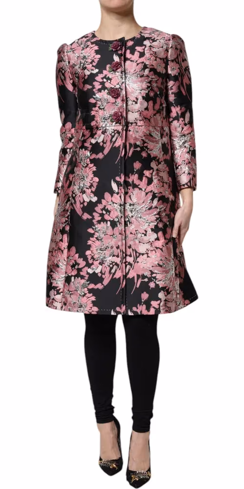 Pink Black Floral Brocade Trenchcoat Jacket
