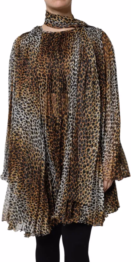 Brown Leopard Print Scarf Collared Chiffon Dress