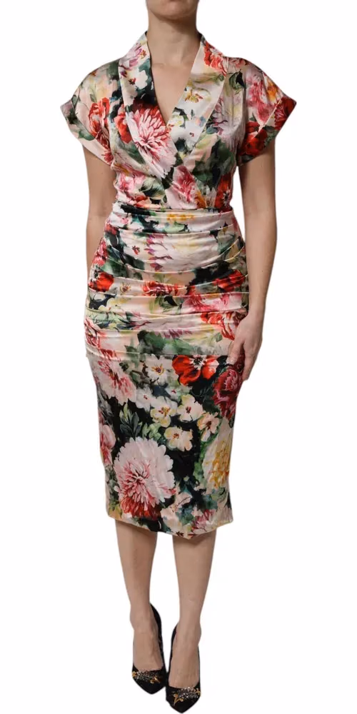 Multicolor Floral Short Sleeves Sheath Midi Dress
