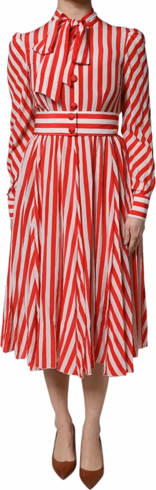 White Red Stripes Long Sleeves Midi Dress
