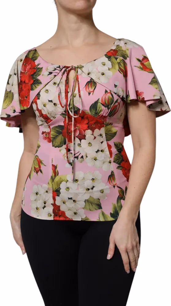 Pink Floral Silk Short Sleeves Blouse Top