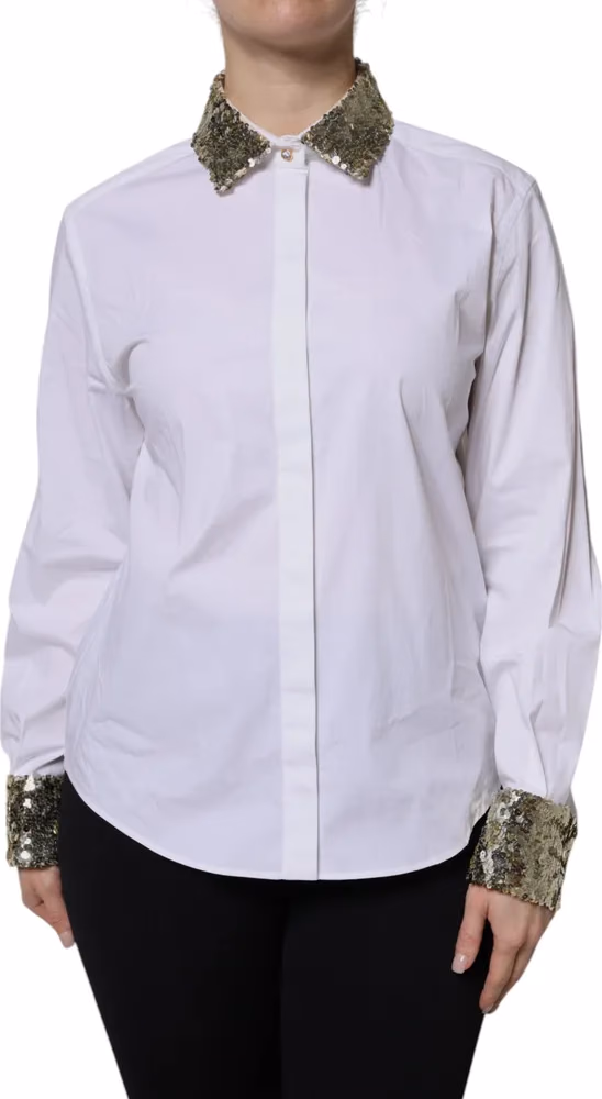 White Cotton Long Sleeves Sequin Shirt Top