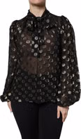 Black Sheer Tied Neck Polka Dots Blouse Top 1