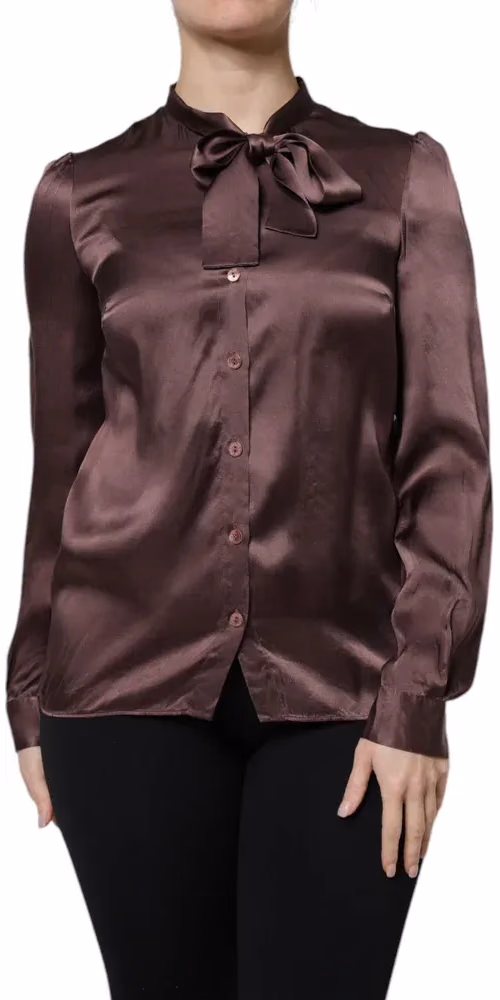 Brown Ascot Collar Long Sleeve Blouse Top