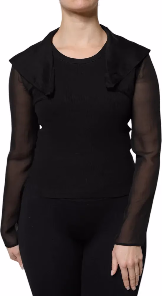 Black Silk Sheer Long Sleeves Blouse Top