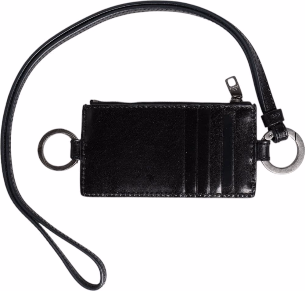 Black Leather Logo Embossed Lanyard Card Holder Wallet