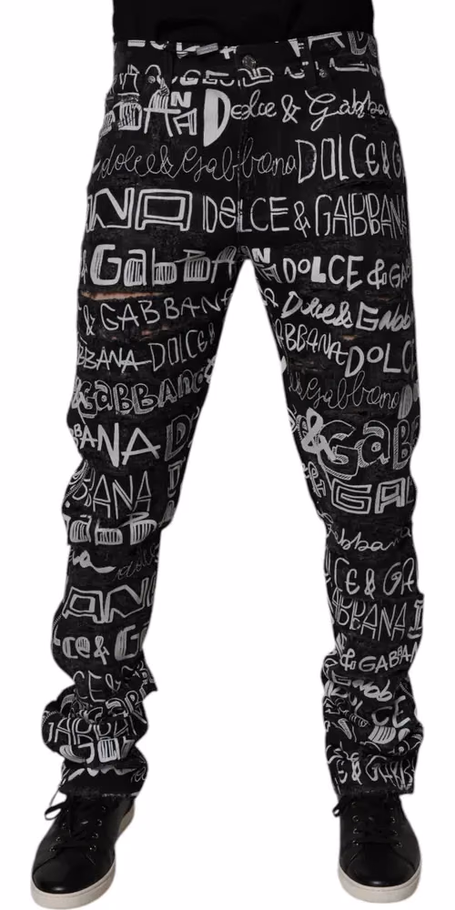 Black Cotton Logo Print Straight Denim Jeans