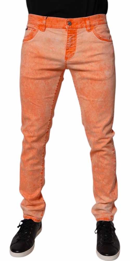 Orange Tie Dye Cotton Skinny Men Denim Jeans