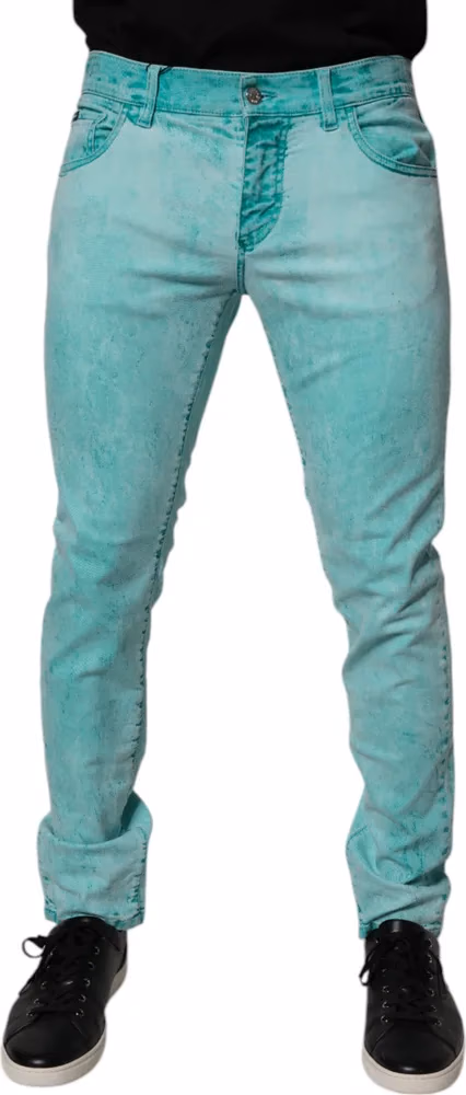 Green Tie Dye Cotton Skinny Men Denim Jeans