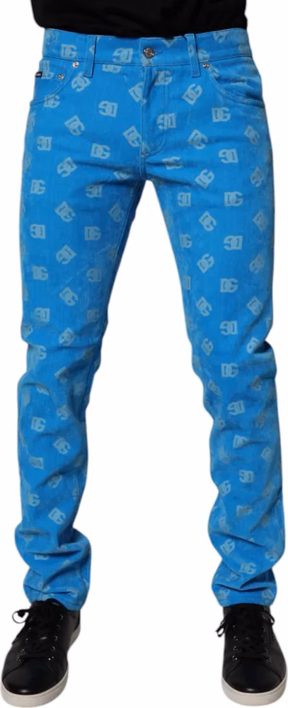 Blue Logo Monogram Cotton Skinny Denim Jeans