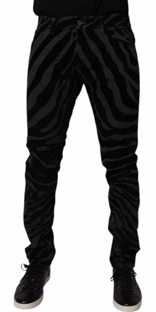 Black Green Stripes Cotton Skinny Denim Jeans