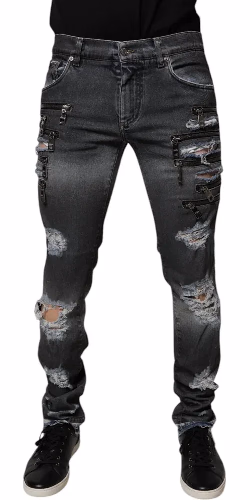 Dark Gray Tattered Cotton Skinny Denim Jeans