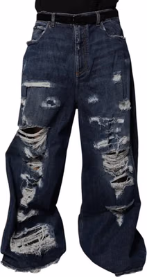 Dark Blue Tattered Wide Leg Men Denim Jeans