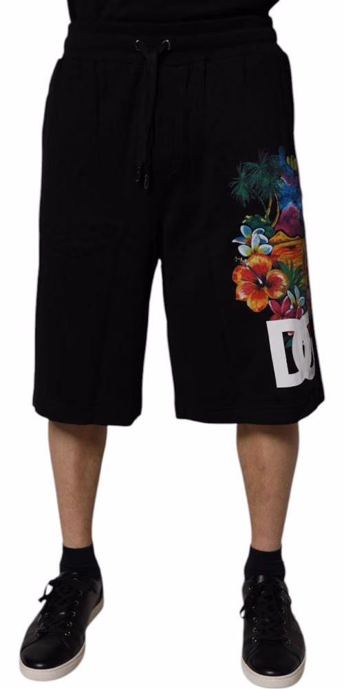 Black Cotton Logo Floral Print Bermuda Shorts