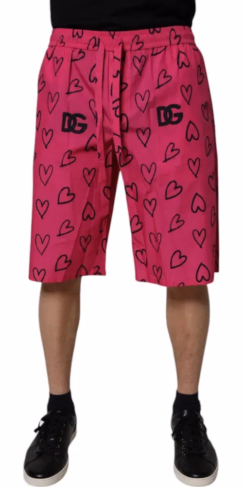 Pink Cotton Heart Print Bermuda Shorts