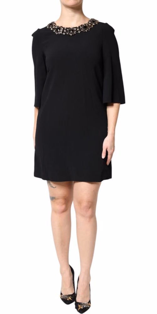 Black Crystal Embellished Round Neck Mini Dress