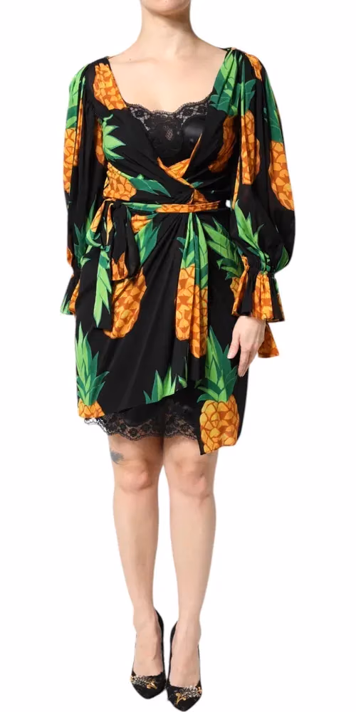 Black Silk Pineapple Draped Print Wrap Dress
