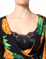 Black Silk Pineapple Draped Print Wrap Dress 4