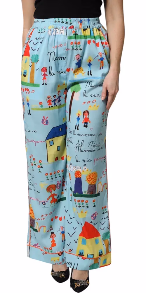 Light Blue Drawing Mid Waist Wide Leg Pants
