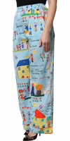 Light Blue Drawing Mid Waist Wide Leg Pants 2
