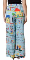 Light Blue Drawing Mid Waist Wide Leg Pants 3