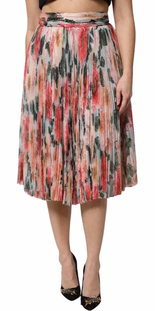 Multicolor Silk Floral High Waist Midi Skirt