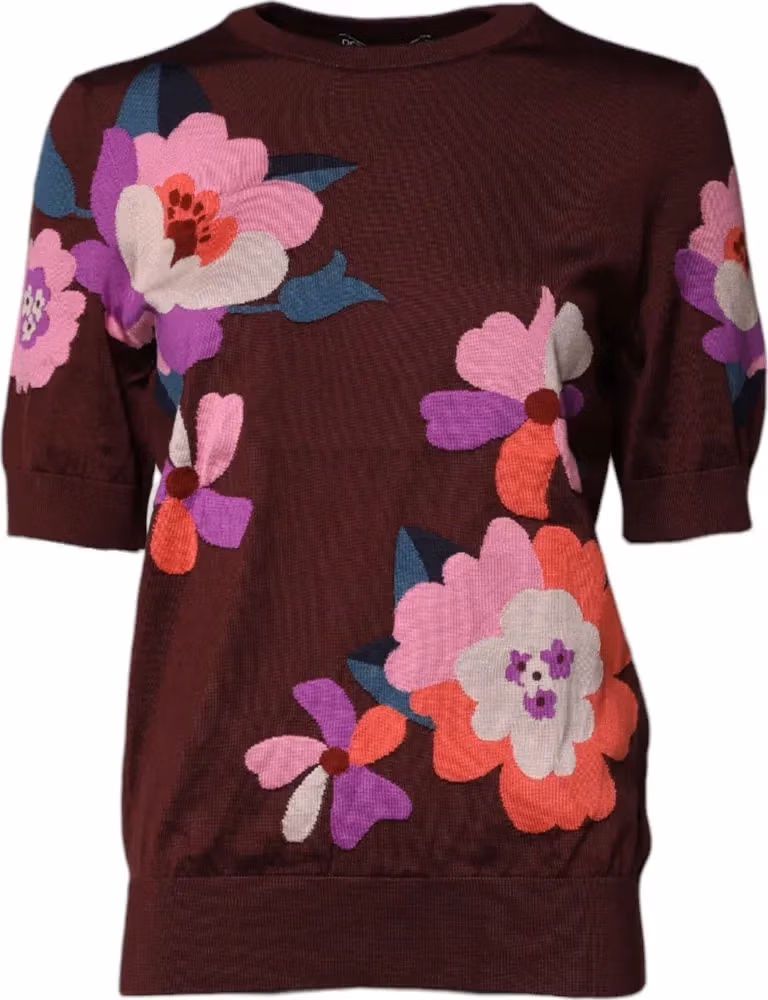 Maroon Floral Silk Crew Neck Blouse Top
