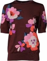 Maroon Floral Silk Crew Neck Blouse Top 1