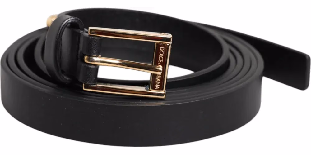 Black Calf Leather Gold Metal Buckle Belt