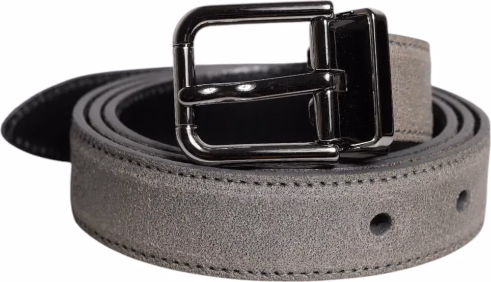 Gray Leather Silver Tone Metal Buckle Belt