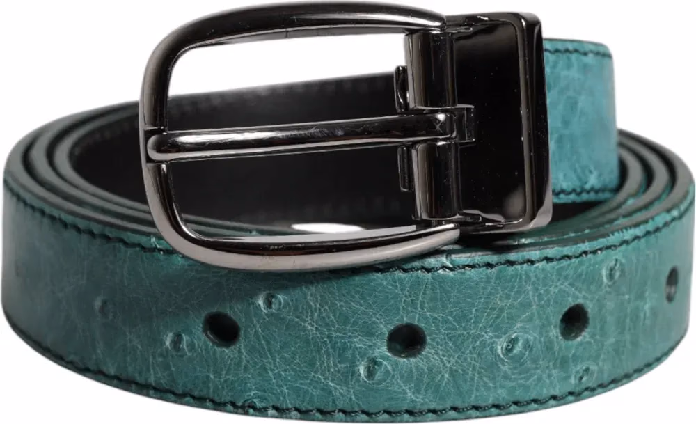 Green Leather Silver Tone Metal Buckle Belt