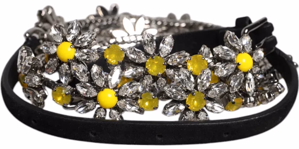 Black Leather Daisy Crystal Embellish Waist Belt