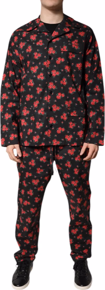 Black Floral Print Cotton Men Pajama Set Sleepwear