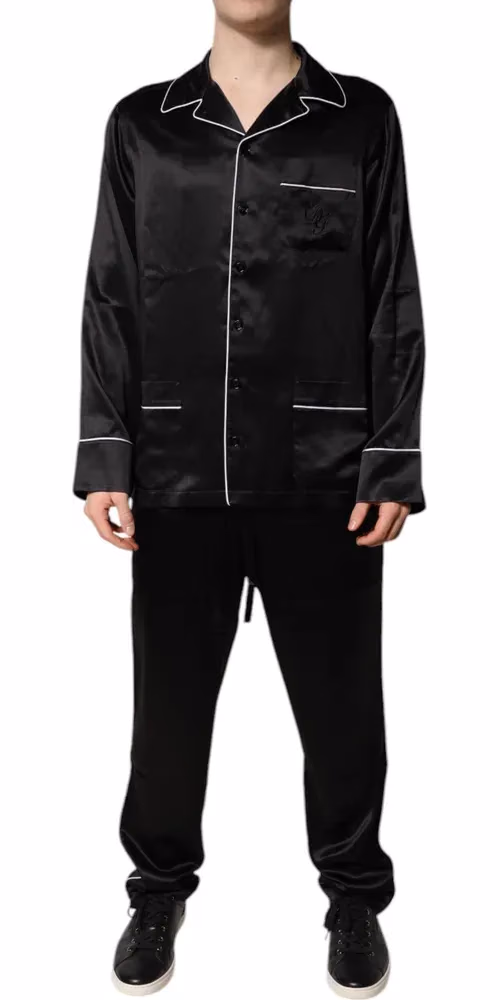 Black Silk Shirt Pants Pajama Set Sleepwear