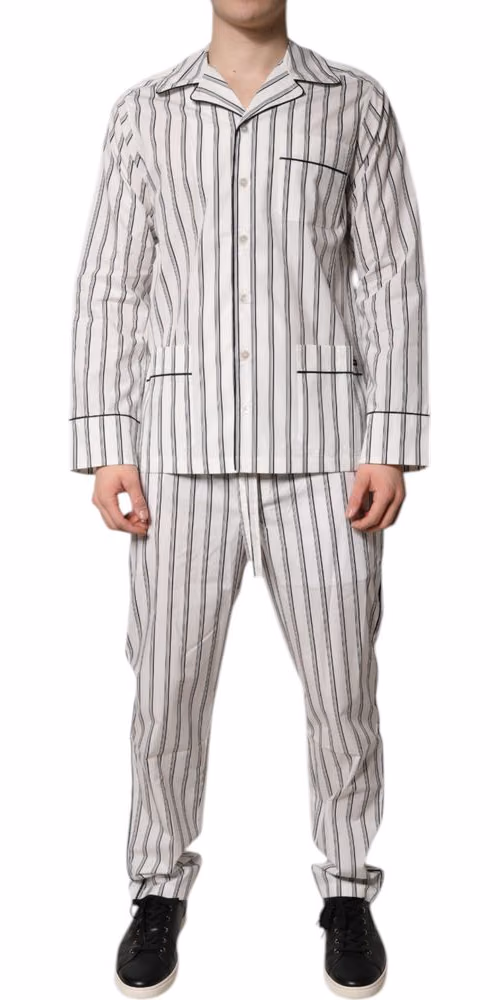 White Black Stripes Cotton Men Pajama Set Sleepwear