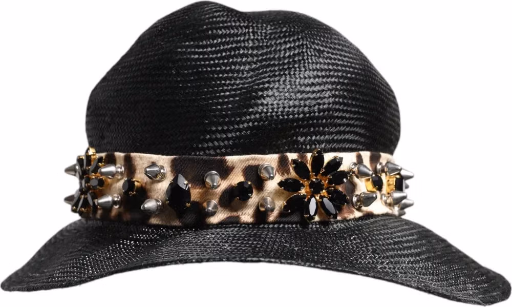 Black Straw Crystal Embellished Wide Brim Hat