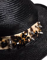 Black Straw Crystal Embellished Wide Brim Hat 5